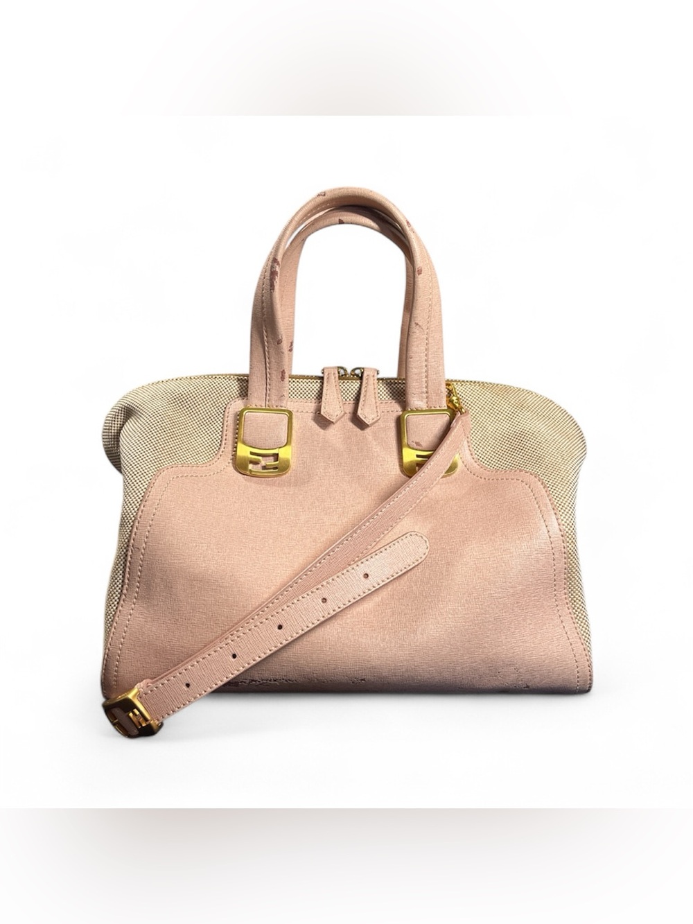 Fendi Chameleon Large Tote Bag 8BL114 Pink Leather Beige Canvas 2-Way Satchel